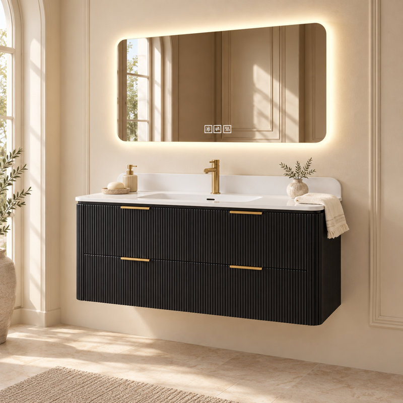 Ensemble meuble-lavabo suspendu noir de 122 cm avec lavabo intégré et miroir de courtoisie à DEL de 122 x 61 cm