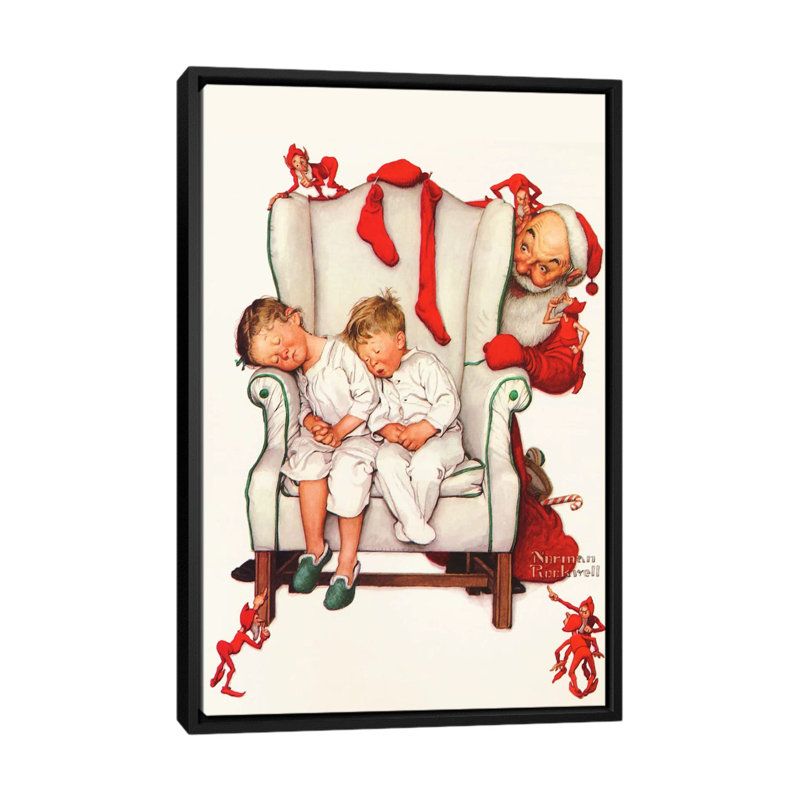 Père Noël regardant deux enfants endormis par Norman Rockwell - reproduction, H 26 po x l 18 po x P 1,5 po, Pas de tapis