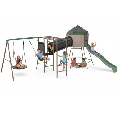880 lb. Metal Swing Set with Treehouse Tent, 7 ft. Slide, Crawl Tunnel, Monkey Bars and 2 Swings for Kids Ages 3–12