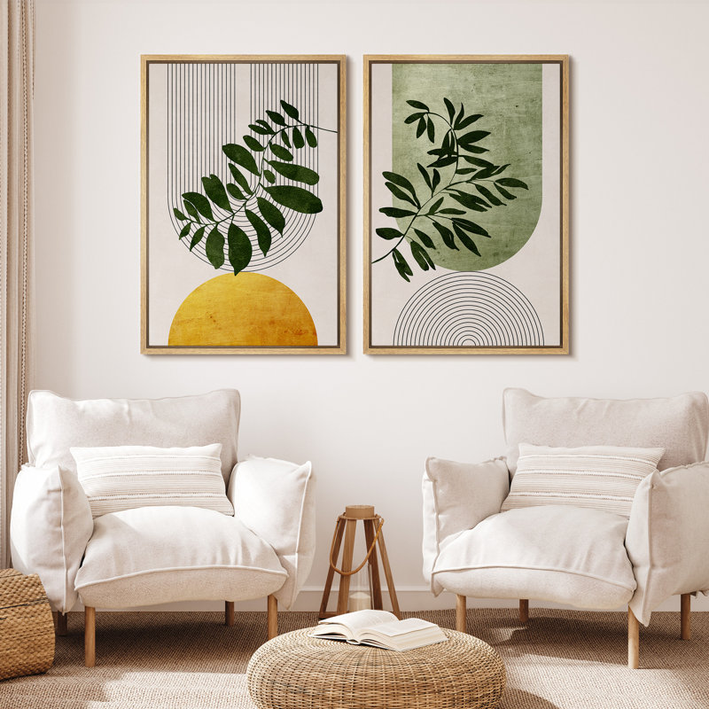 Mid Century Modern Boho Green Yellow Bright Plant Art Framed Canvas 2 Pieces Print  Wall Art Set, 32" W x 24" H