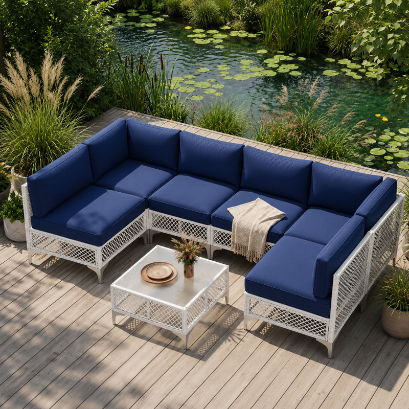Ensemble de conversation modulaire à 6 places en osier de patio avec coussins, Bleu