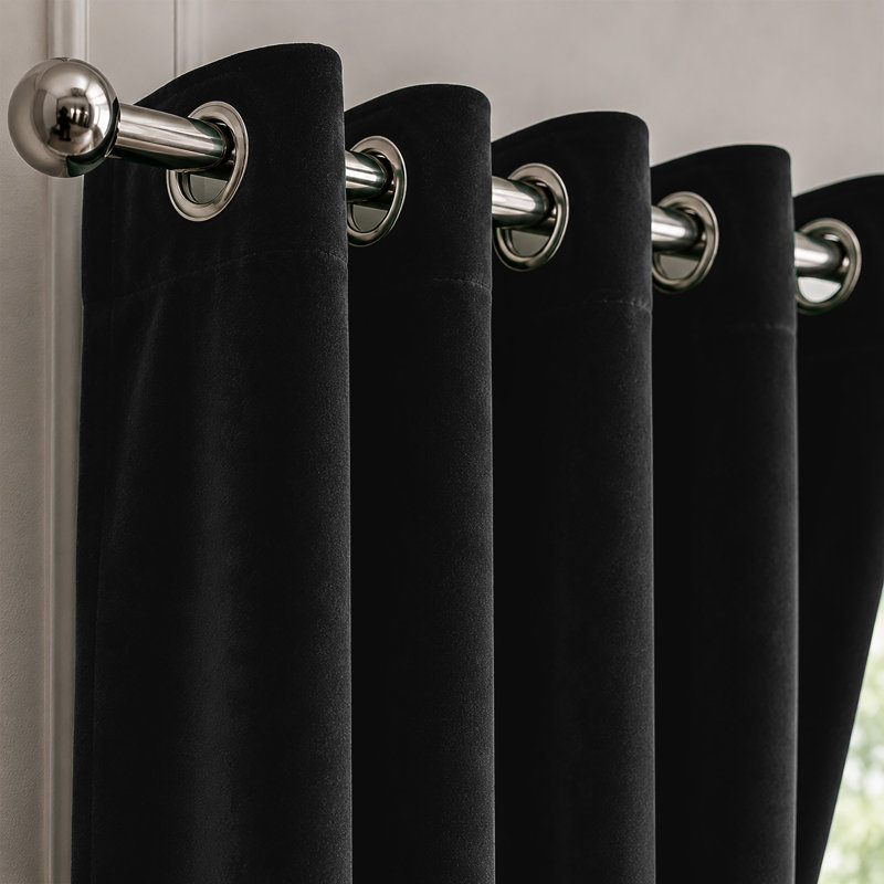Black Velvet Eyelet Curtains Room Darkening Window Panels Soft Touch Pair, 228 cm X 228 cm