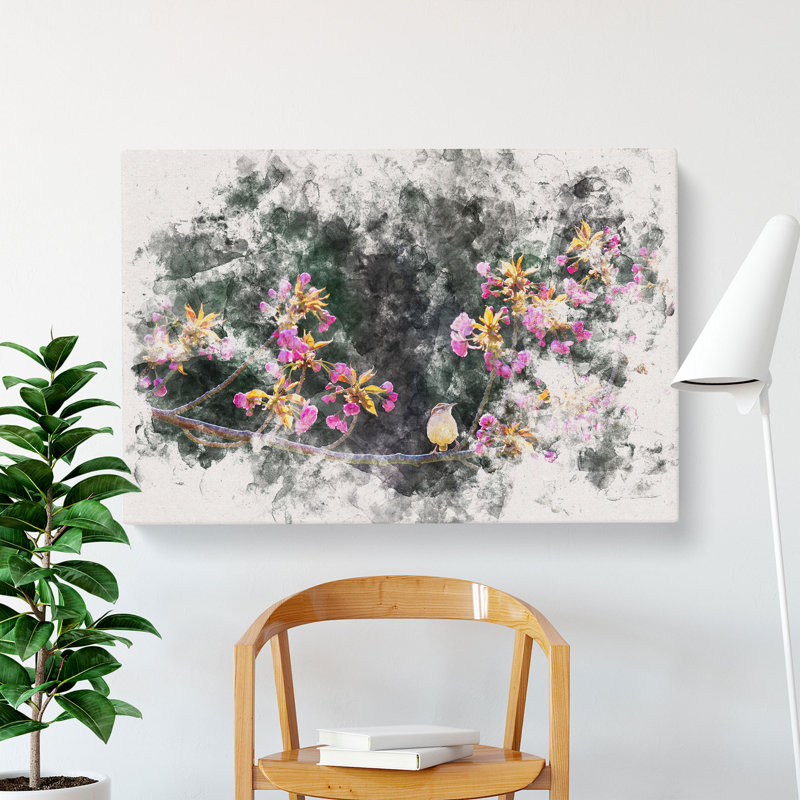 Wren upon a Blossom Tree Branch - Wrapped Canvas, 40cm H x 60cm W x 3cm D