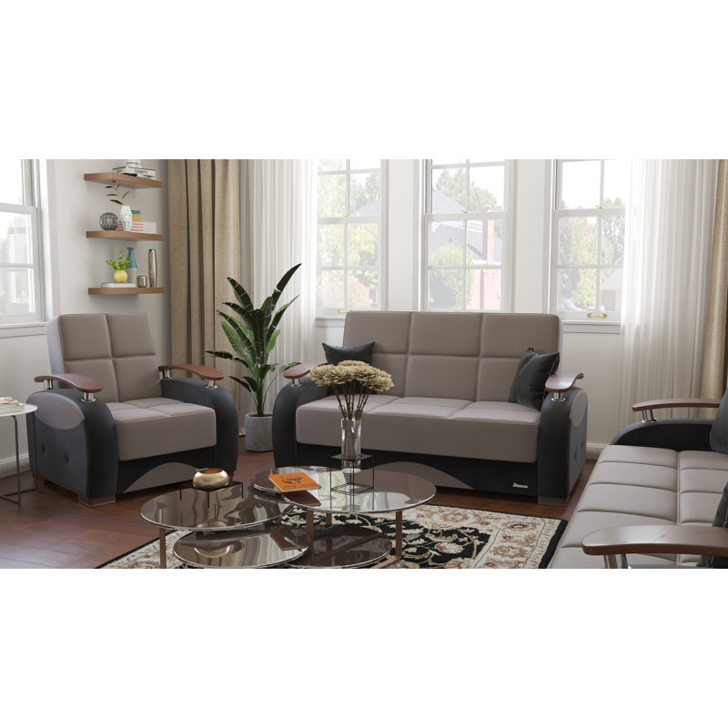 Gray Microfiber Upholstered Loveseat with Storage and Wooden Arm Tops