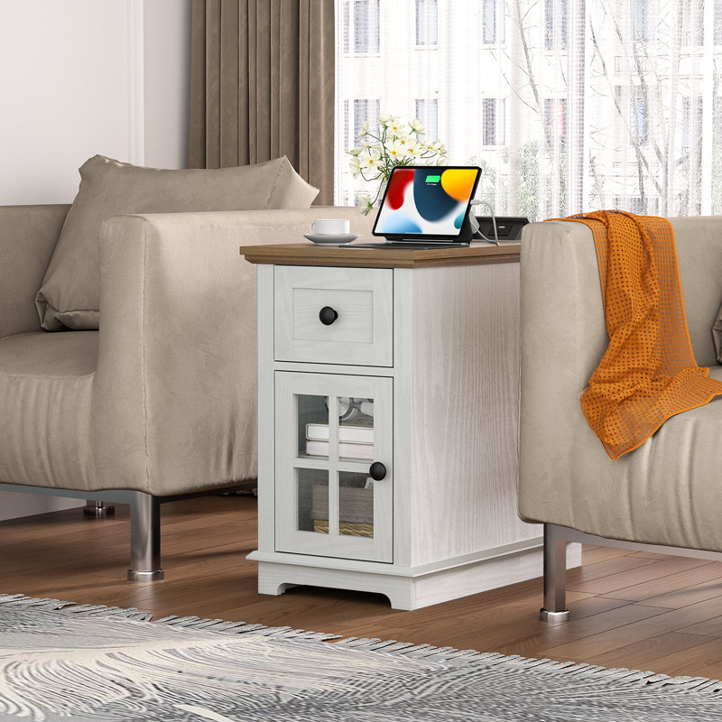 Antrea Tray Top End Table Set with Storage and Built-In Outlets, Dark Walnut Top/White Base