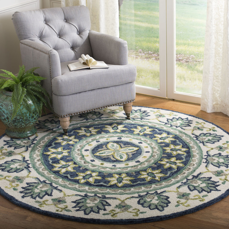 Tapis ivoire / bleu en laine touffeté à la main Braley, Circulaire 5 pi x 5 pi