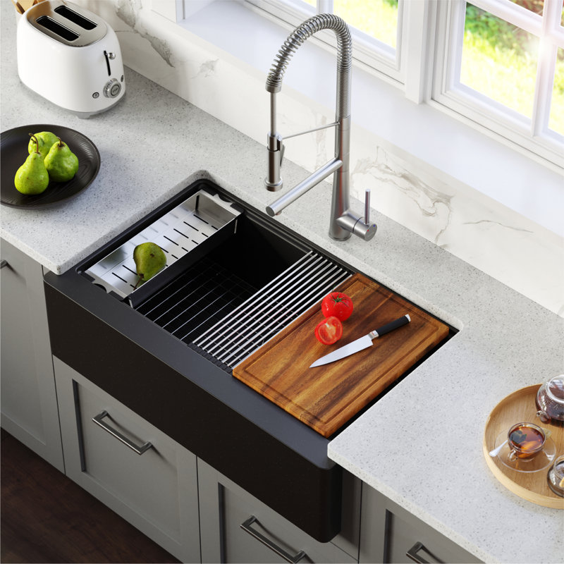 Karran Quartz 34'' X 21-1/4'' Single Bowl Farmhouse Apron Front Workstation Kitchen Sink, Black