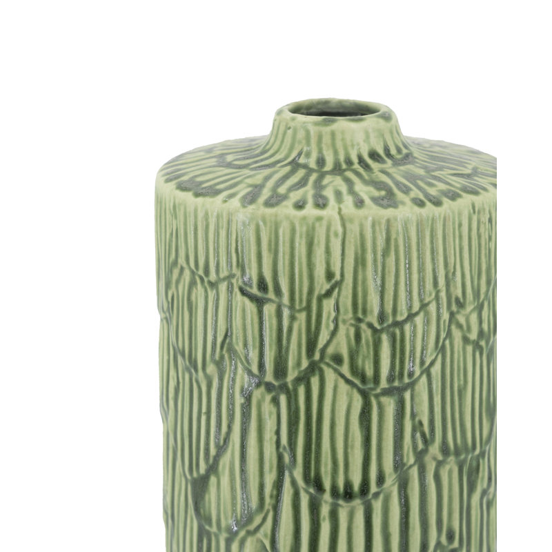 D4.5X14" Ceramic Cylinder Vase With Textured Green Design, 13.8" H x 4.7" W x 4.7" D