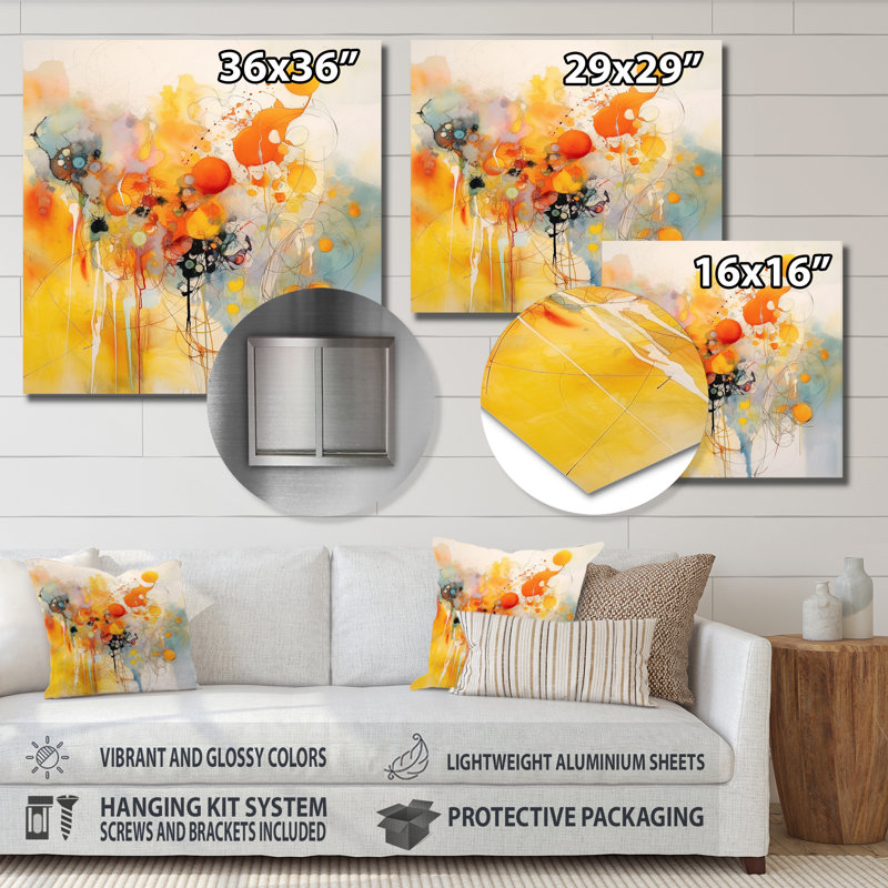 Tourbillons de couleur orange et jaune III - impression sans cadre sur métal, H 16 po x l 16 po x P 1 po