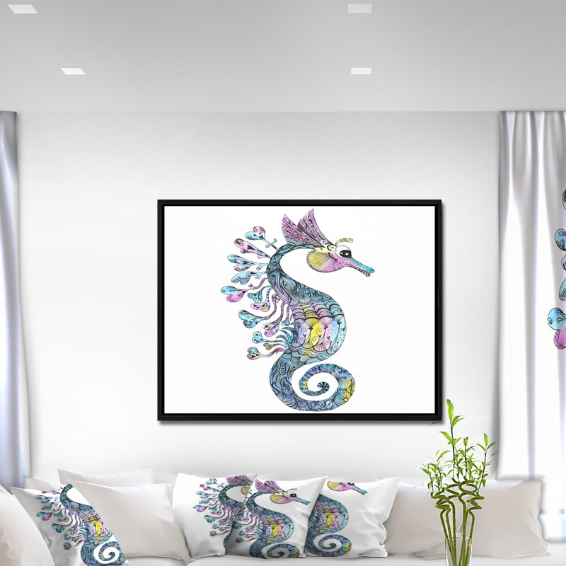 Hippocampe coloré aquarelle - art mural animal, Bois, H 30 po x l 40 po x 1,5 po