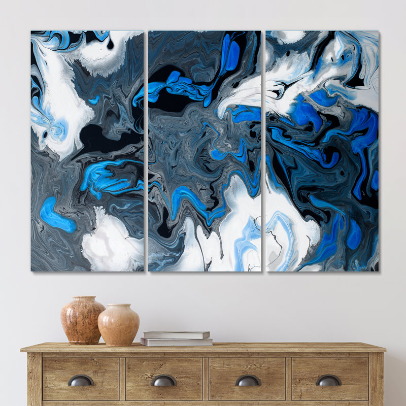 «Blue Liquide Art Waves On» blanc et noir - reproduction d'art sur toile moderne, H 28 po x l 36 po x P 1 po