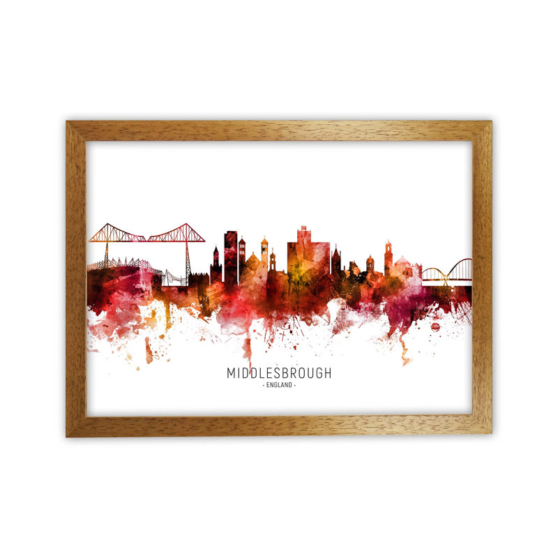 Middlesbrough Middlesbrough England Skyline Red City Name by Michael Tompsett - Print, 46cm H x 63cm W x 3cm D, Oak Framed