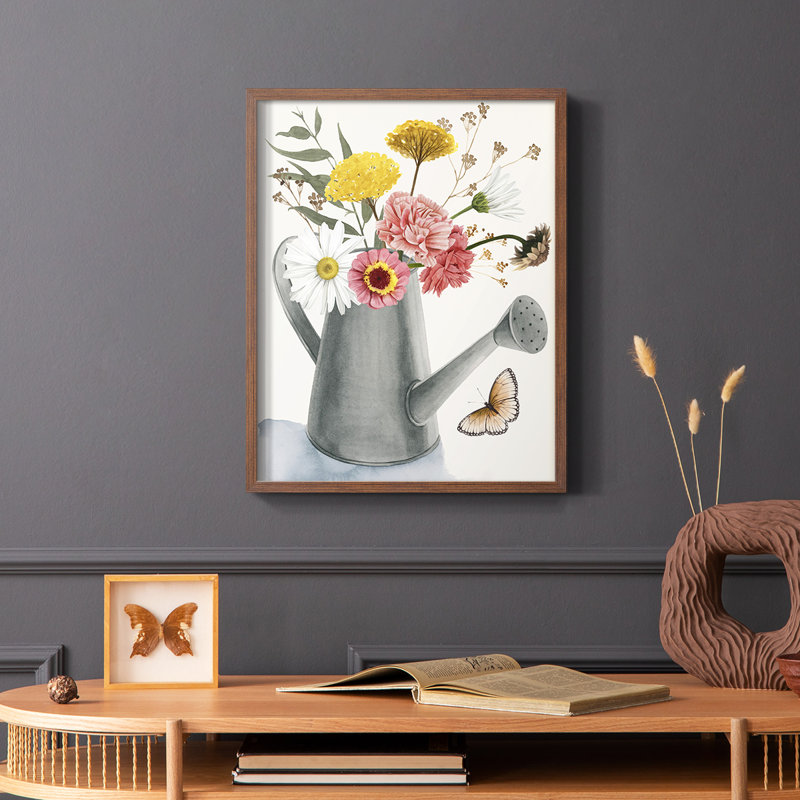 «Watering Can Bouquet II», reproduction encadrée - bois massif, Brun, H 10 po x l 8 po