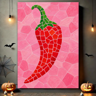 Stylized Red Chili Pepper Mosaic Tile Painting On Soft Pink Base, Food Themed Canvas Wall Art Decor