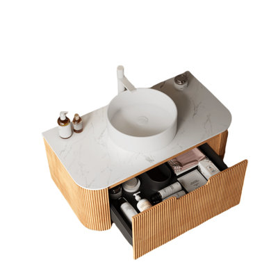 36" Bathroom Vanity Sink , Contemporary Floating. White Artificial Marble Basin, Ceramic Countertop. Natural Wood Plywood Cabinet. Plentiful Storage Option, Gentle Soft Close Drawer. 3D Striped