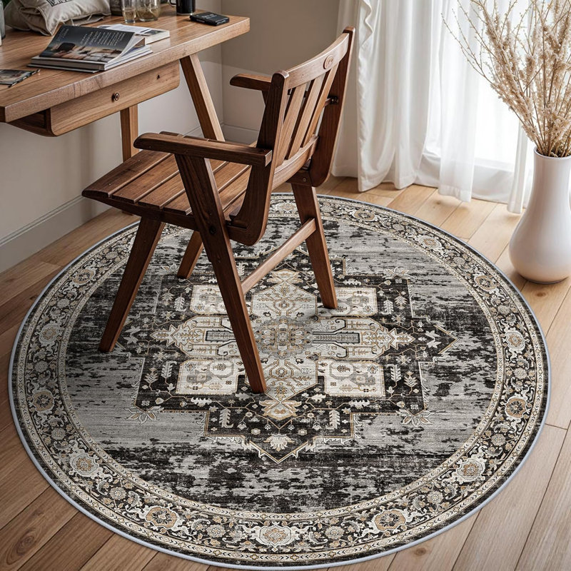 Living Room 4round Area Rugs - Boho Rugs for Bedroom Kitchen Stain Resistant Carpet Vintage Tribal Rugs for Dining Room Bathroom with Non Slip Backing Home Decor Floor Mat 4ft Black