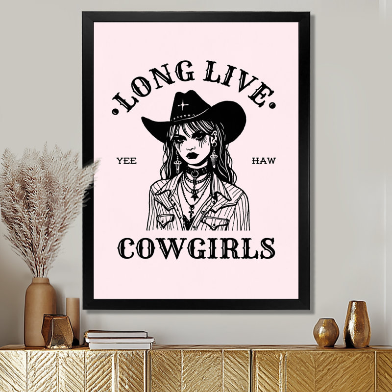 Longue vie aux Cowgirls, illustration Yeehaw, H 20 po x l 12 po x P 1 po, Toile encadrée noire simple