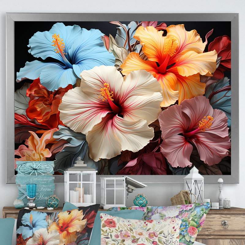 Hibiscus en fleurs - reproduction sur toile, Cadre simple argenté, H 30 po x l 40 po x P 1,5 po