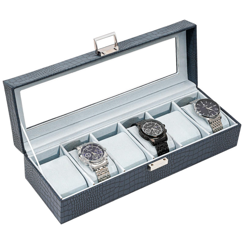 Vitrine de montre avec couvercle en verre et cuir synthétique, 6 fentes, Bleu croco-cobalt