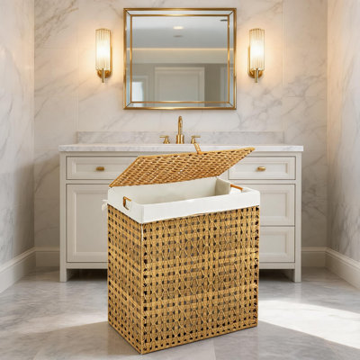 Panier à linge 24 po x 13,0 x 23,6 po en osier avec poignées et doublure amovible, panier en PE tissé en rotin pour l'organisation de la salle de bain et de la salle de lavage, beige
