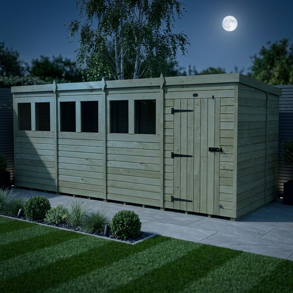 Total Sheds 16ft x 7ft Pent Garden Shed - Single Door - With Windows - Pressure Treated Timber - UK Manufactured