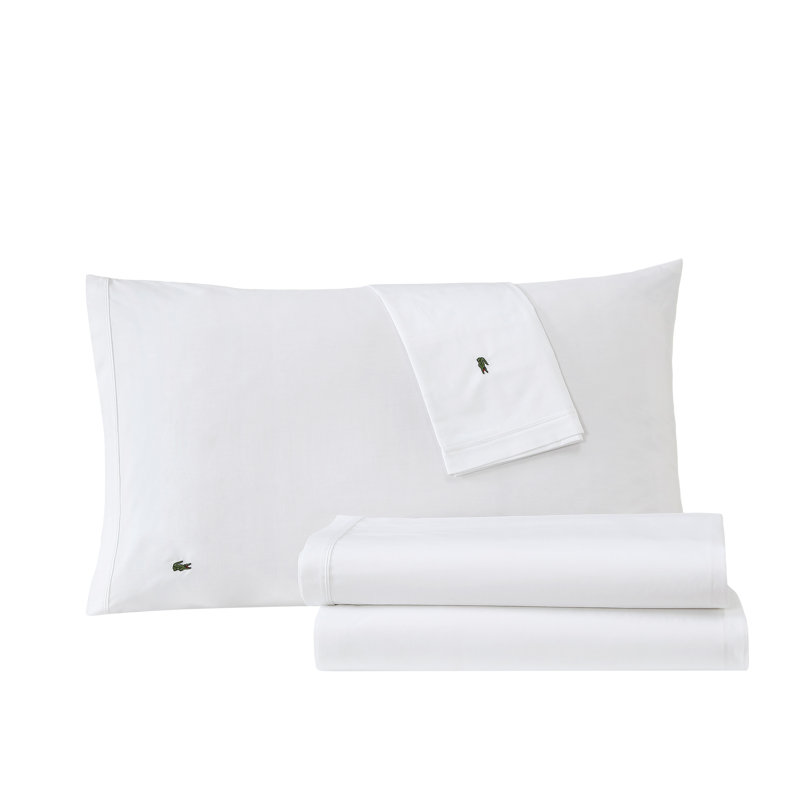 Lacoste Cotton Percale Sheet Set, Crisp Feel & Breathable Bedding, Deep Pocket Fitted Sheet, White, King, White