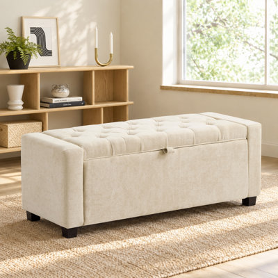 47.2" Storage Ottoman Bench, Linen Upholstered Tufted Bench For Living Room Bedroom Entryway