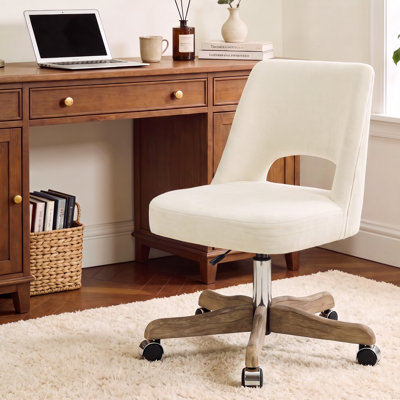 Chaise de bureau pivotante à hauteur ajustable avec roulettes - siège à dossier moyen en tissu, base en bois