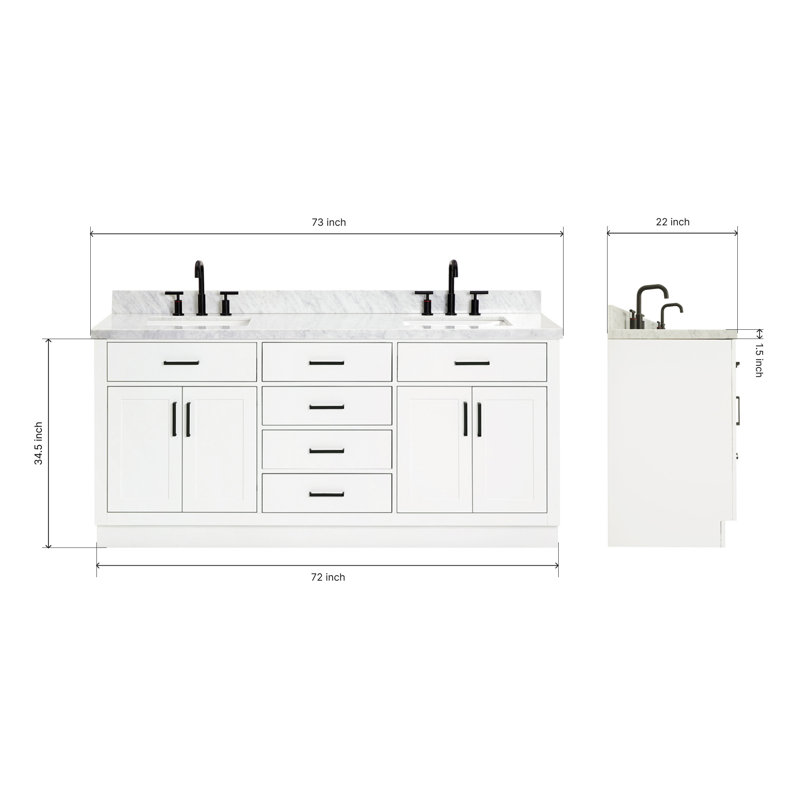 ARIEL HEPBURN 73 IN DOUBLE RECTANGLE SINK VANITY 1,5 IN, Rectangular, White, 73"
