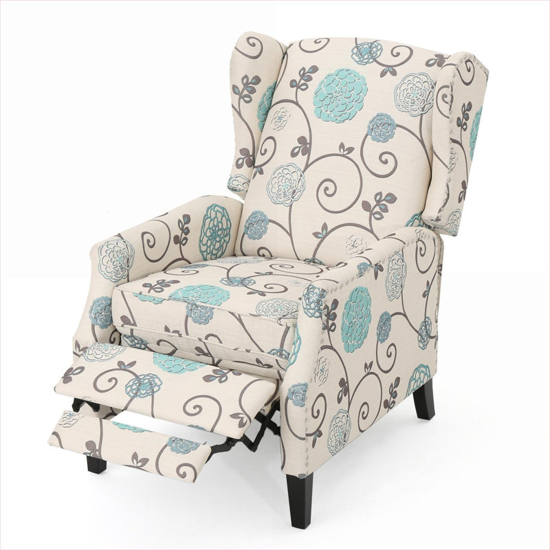 Single Seating Pushback Recliner  Classic Living Room Soft White Fabric Wingback Recliner with Nailhead Trim