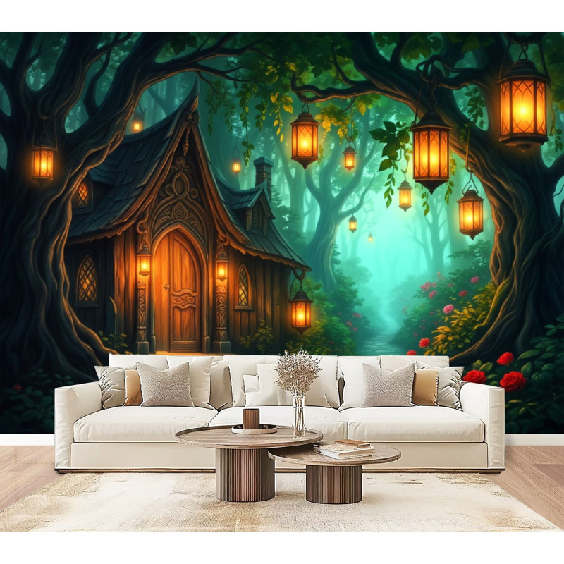 Papier peint auto-adhésif Enchanting Forest Cottage Lanterns Path 69 po x l 96 po pour le salon de la chambre à coucher