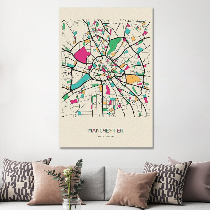 «Manchester, England Map» par Ayse Deniz Akerman - Toile tendue, estampe numérique sur toile tendue