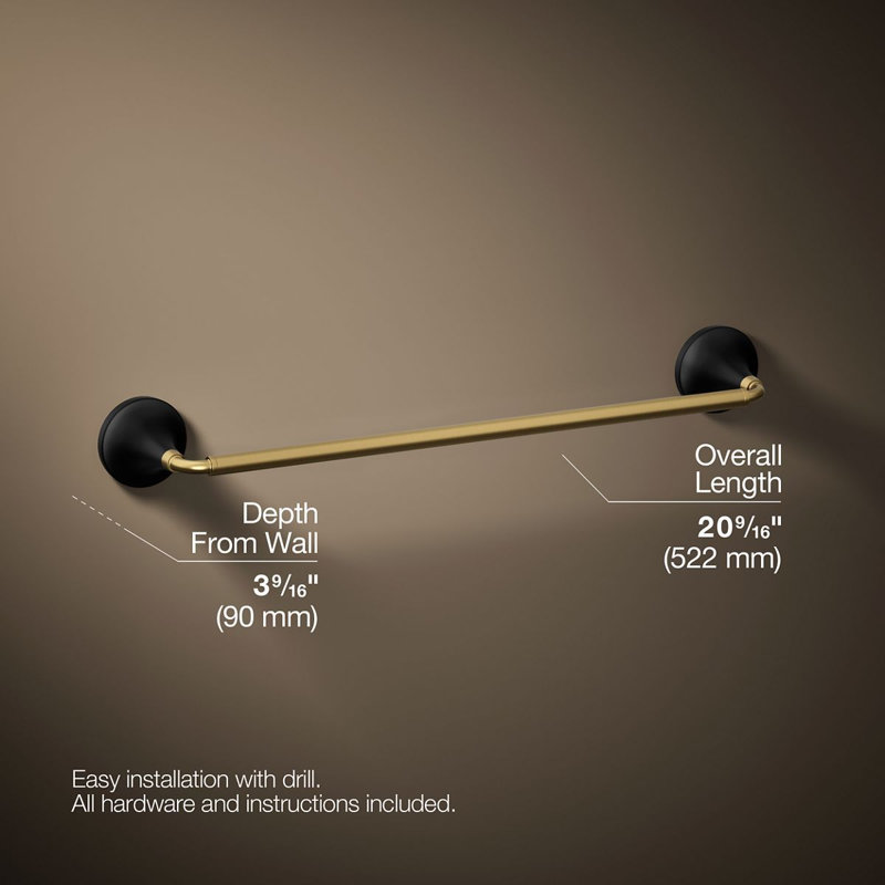 Tone Towel Bar, Matte Black w/Moderne Brass, 18"W