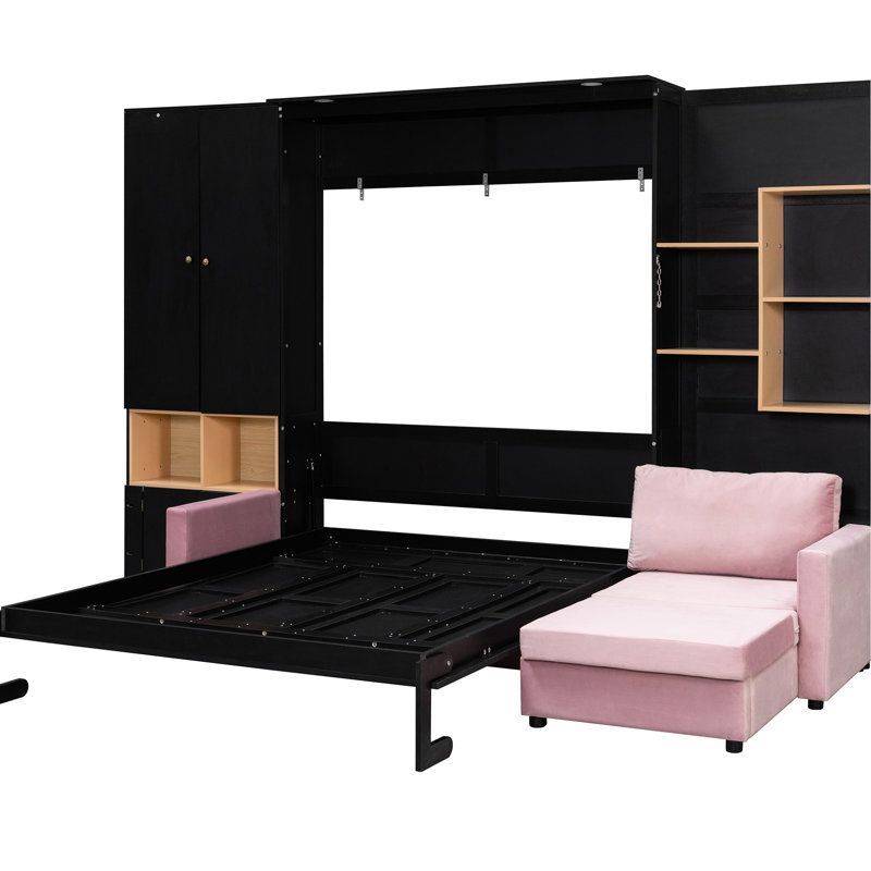 Grand lit intelligent avec tablettes intégrées, ouvertes et doubles lumières, noir et rose pour les bureaux à domicile, conception murale peu encombrante, grand