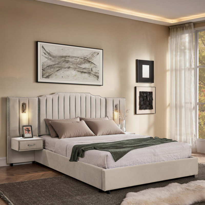 Structure de lit tapissier avec tissu en velours, conception à rayures verticales avec boutons autour du lit plateforme avec tête de lit, structure solide et table de chevet - aucun sommier nécessaire