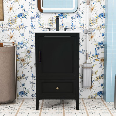 Meuble-lavabo simple autoportant moderne avec lavabo en céramique, porte à fermeture en douceur et grand espace de rangement