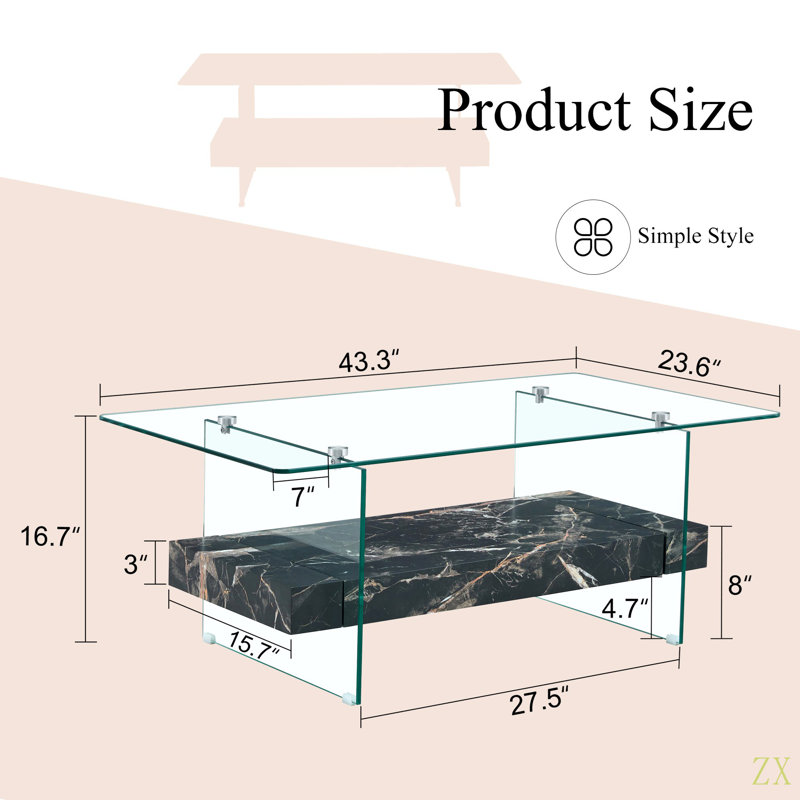 43.3-Inch Heavy-Duty Coffee Table With Tempe Glass Top  Base 250LB Capacity,Double-Layer Storage,4 Finish Options /Wood// Marble – Modern  Durable Design