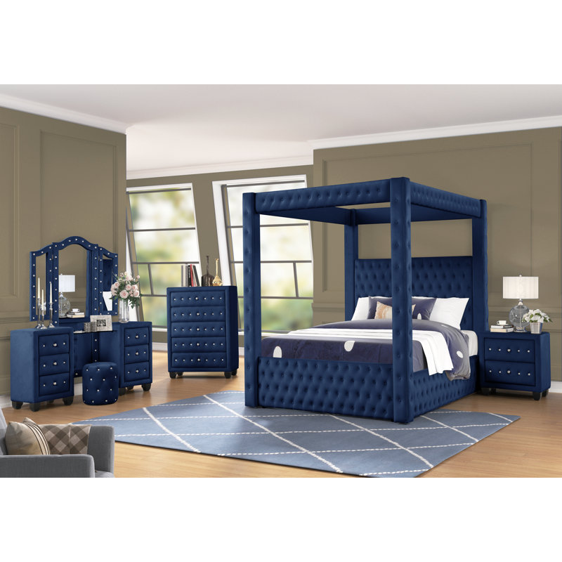 Ensemble de chambre à coucher 5 pièces Janeece, Bleu marine, Très grand