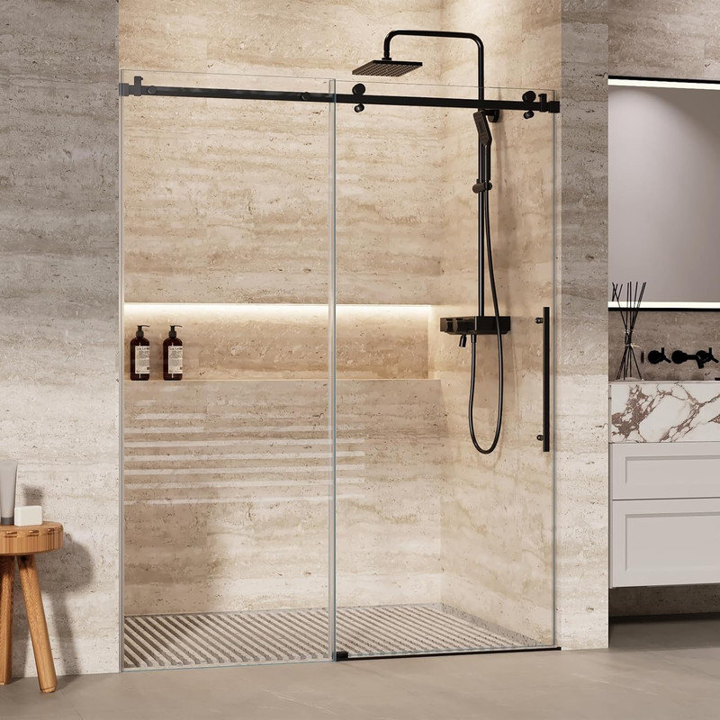56-60" Frameless Shower Glass Door with Waterproof Seal, 8mm Tempered Glass & Stainless Steel, Black