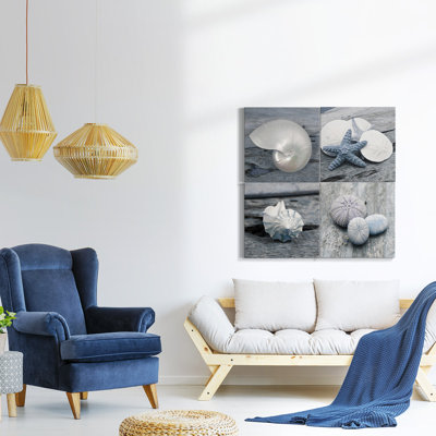 " Renditions Gallery Beach Wall Décor Seashell Picture Prints Set Of 4 Canvas Wall Art Each Solid Wood Artwork For Cabin Home Office " 4 - Pieces
