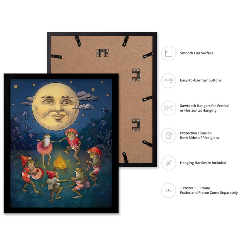 Grenouilles dansant sous la lune, Cadre noir, Affiche, H 11 po x l 14 po