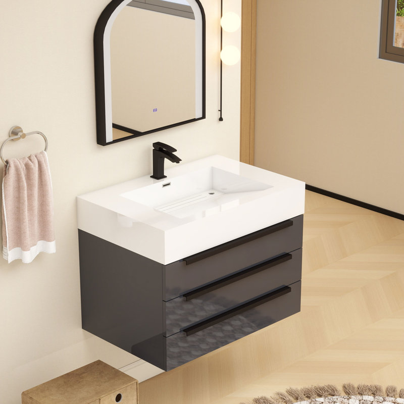 Jessica 29.5 " W Wall Mounted Single Vanity Bathroom Vanity With Acrylic Top, Gloss Gray