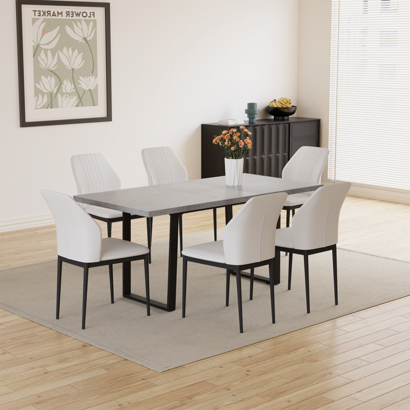 Modern Kitchen Dining Set, Extendable Dining Table with Dining Chairs(1Table 6Table), White, 7 Pieces: Table, 6 Chairs