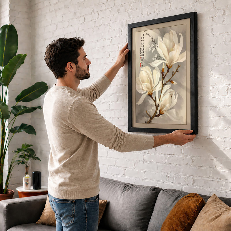 Three Magnolia Blossoms Japandi - Framed Print, A1 - 84.1 x 59.4 cm, Oak