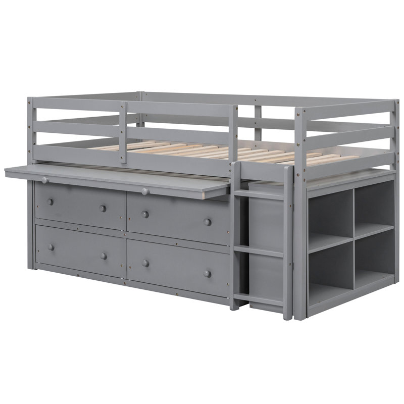 Lit mezzanine avec bureau d'écriture rétractable et système de tiroir fonctionnel avec tiroirs simples, gris et bois massif