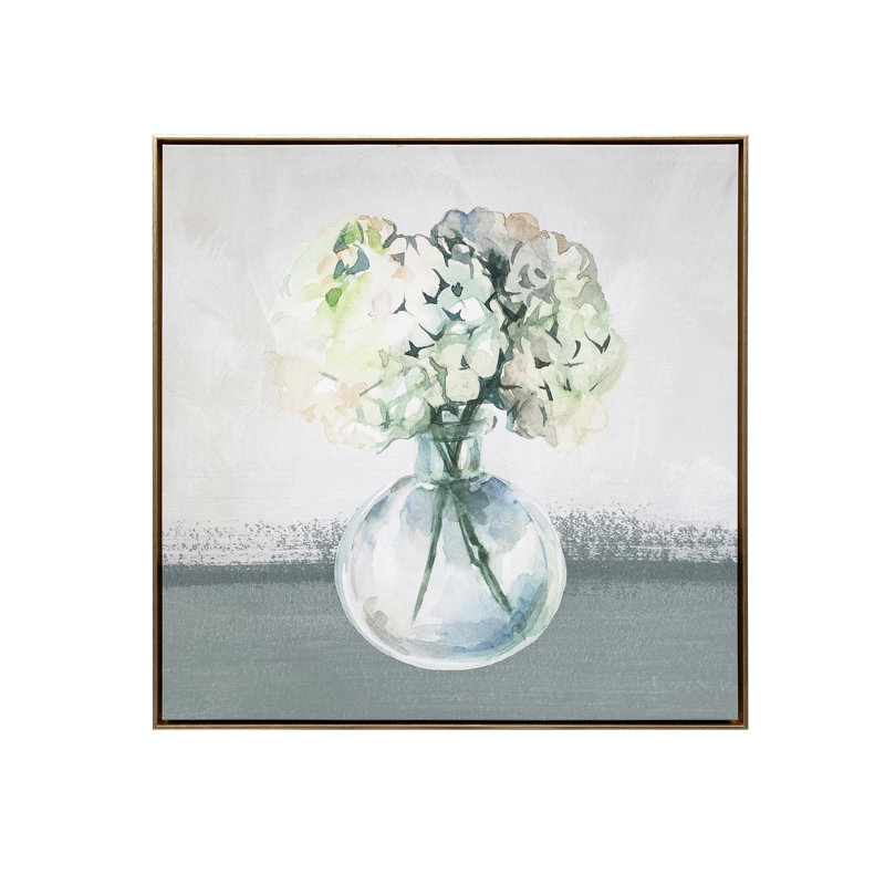 Hydrangea in Vase Watercolor Print on Gold Framed Canvas