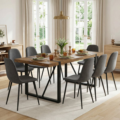 5-9 Piece Modern Industrial Dining Set With Rectangular Wood Table And Upholstered Chairs