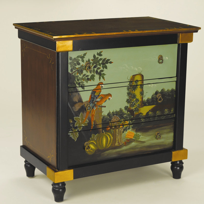 Commode 3 tiroirs avec scène perroquet peinte