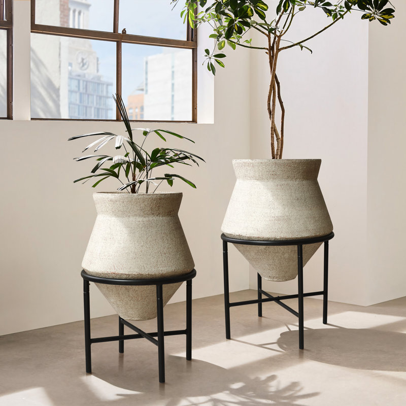 2-Piece Beige Cachepot Planter Cauldron Set with Black Stands