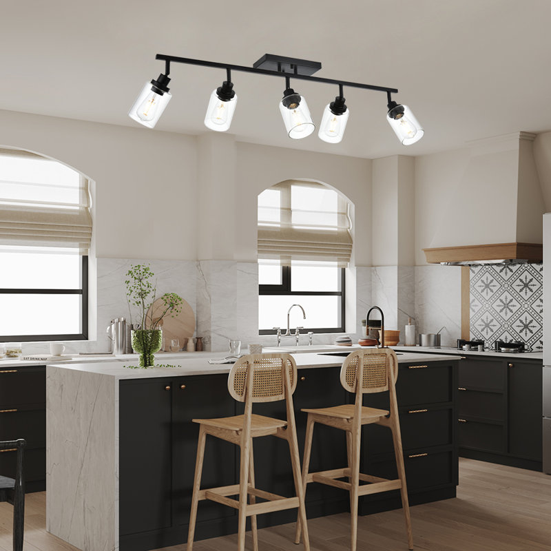 Luminaire sur pied 5 lumières pour meuble-lavabo, plafonnier, luminaire sur rail à têtes ajustables, luminaire sur rail avec abat-jour en verre transparent, luminaire sur rail noir moderne pour la cuisine, le salon et le couloir (ampoules non incluses)